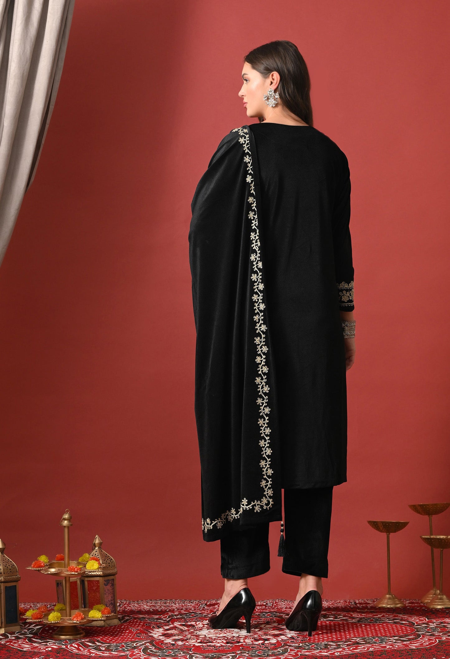 Noir Elegance Gold-Embroidered Velvet Suit