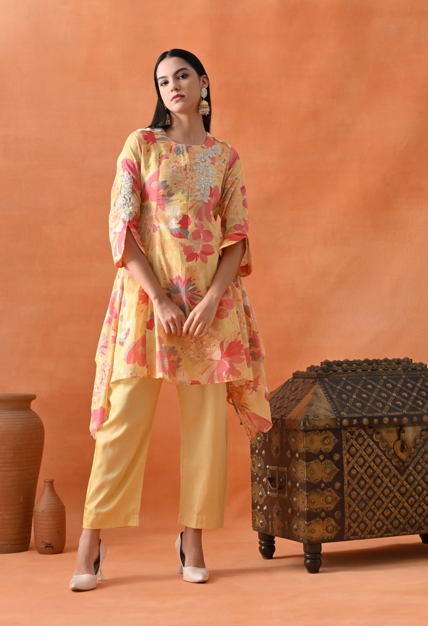 Yellow Floral Mirror Work Co-ord