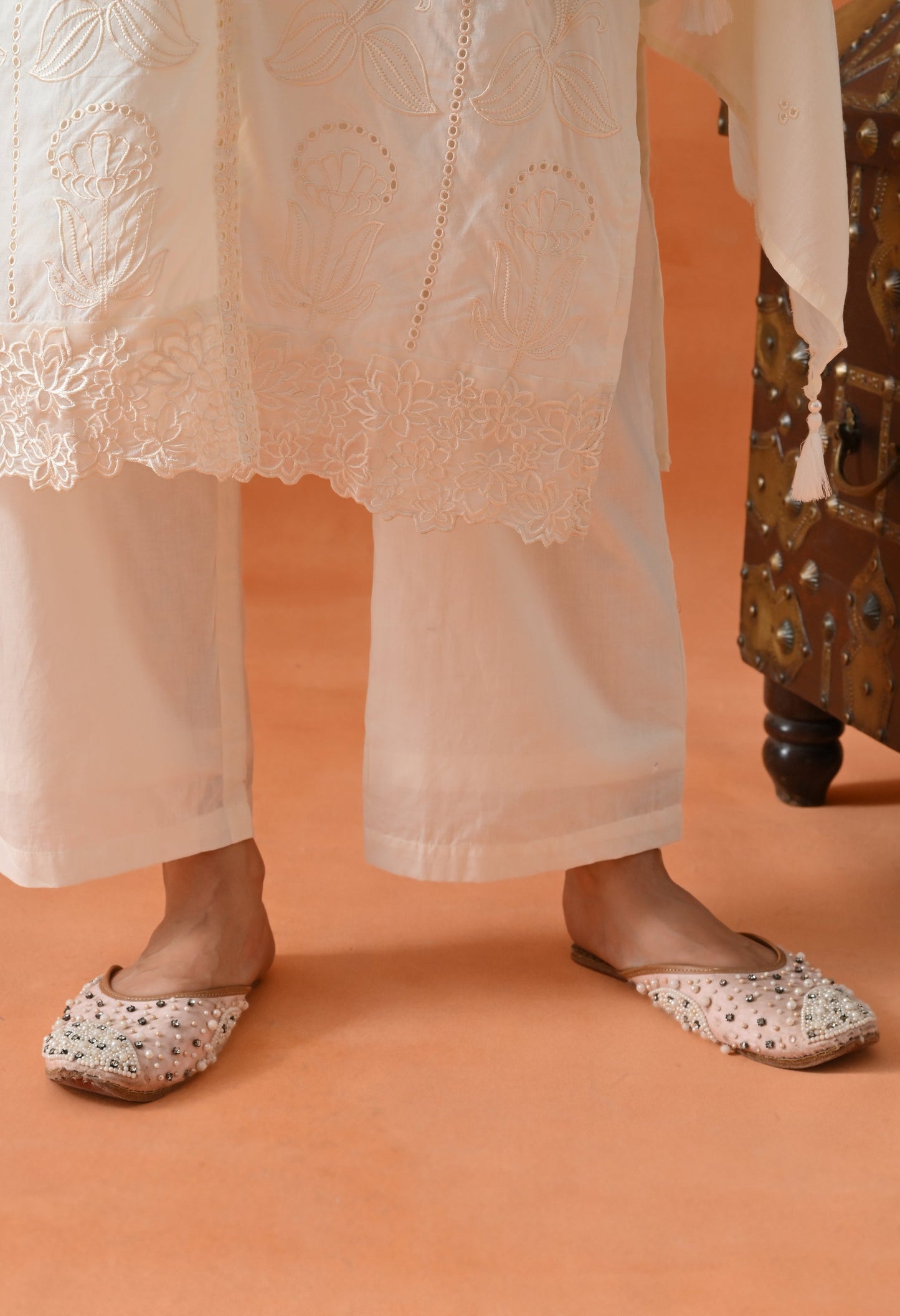 Cream Thread Work Palazzo Suit