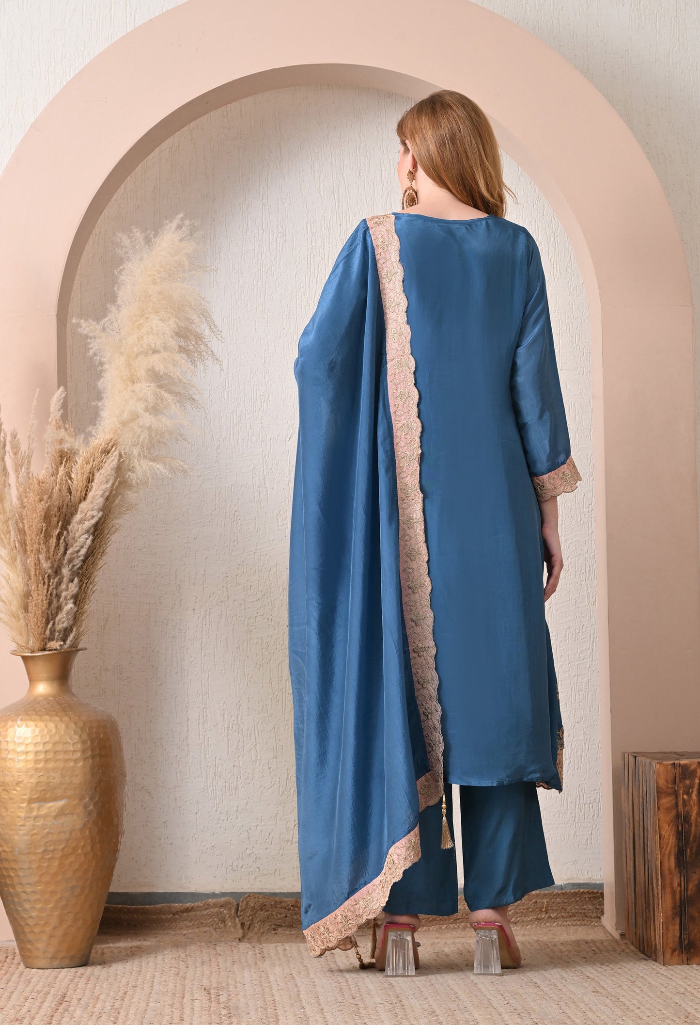 Blue Party Wear Crepe Suit with Tassels Dupatta