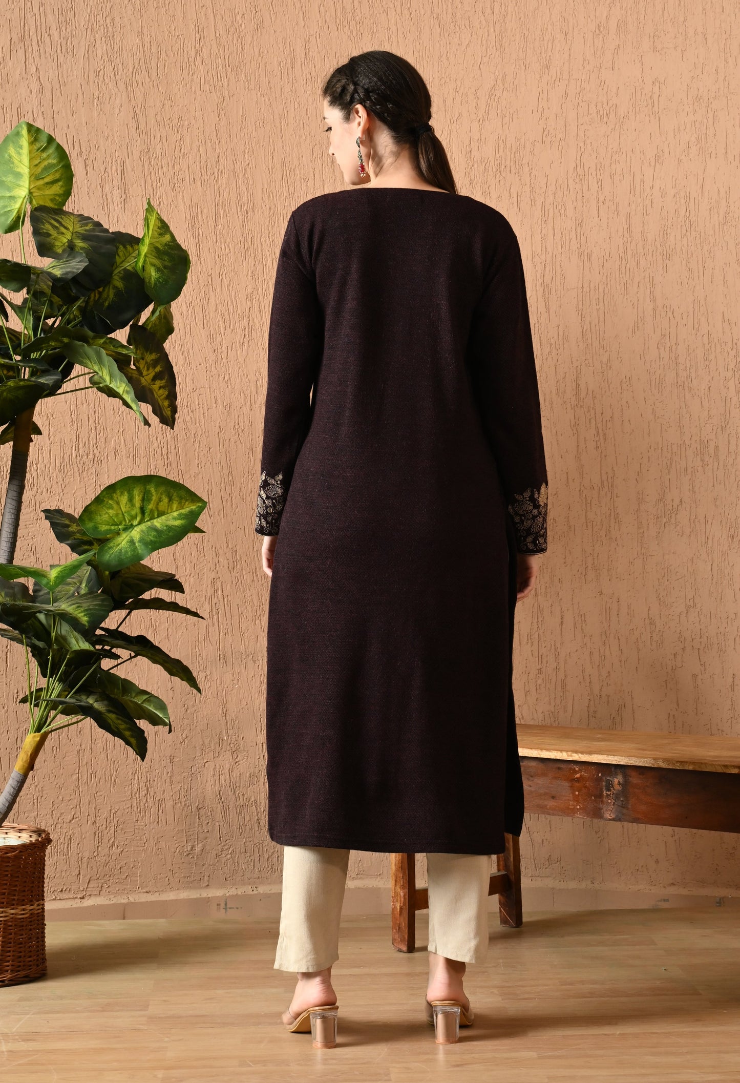 Elegant Wine Daffodil Woolen Kurti