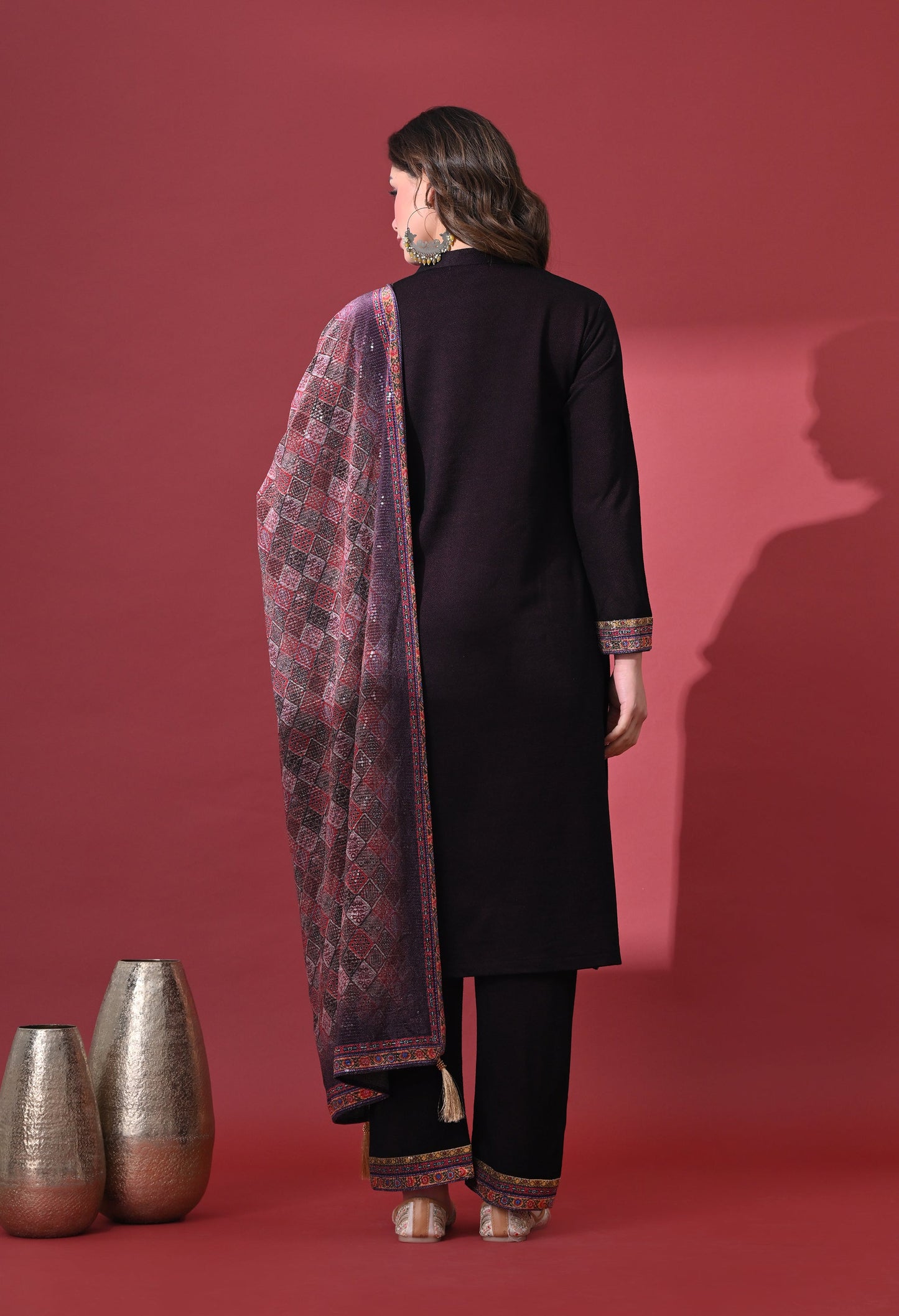Wine Grace Woolen Kurta Set