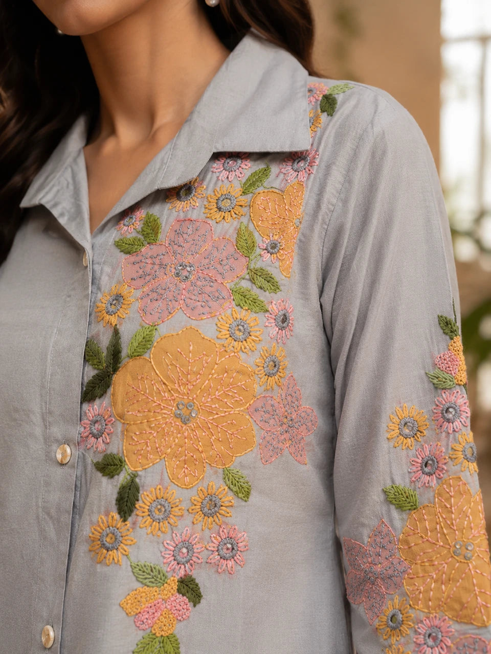 Elegant Floral Embroidered Grey Cotton Co-Ord Set