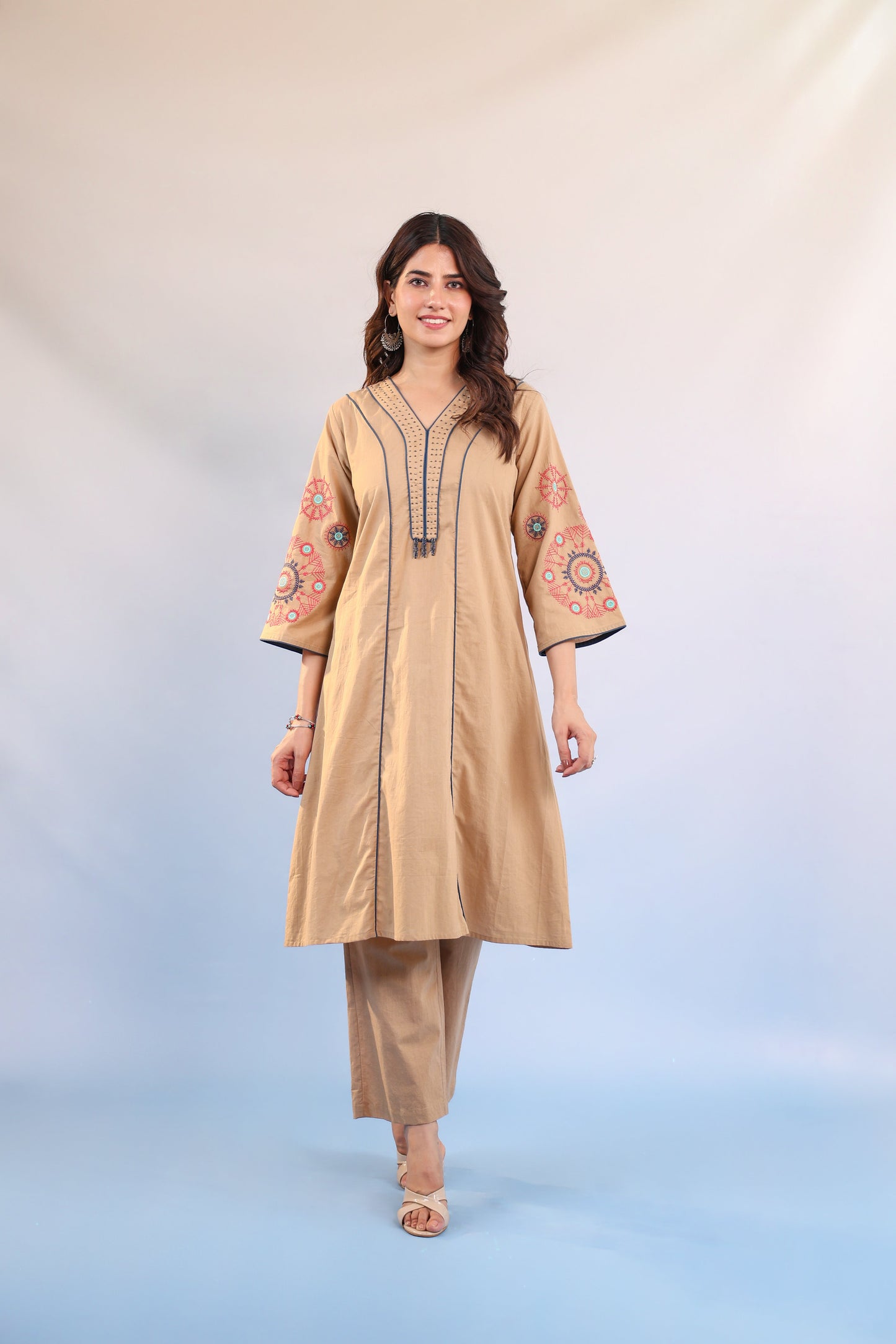 Noor Beige Embroidered Kurta Set