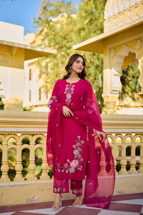 Gulnaar Magenta Straight Suit Set For Woman