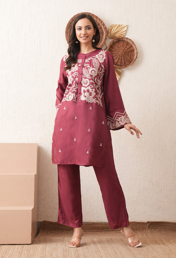 Wine Zari Charm Silk Coord Set