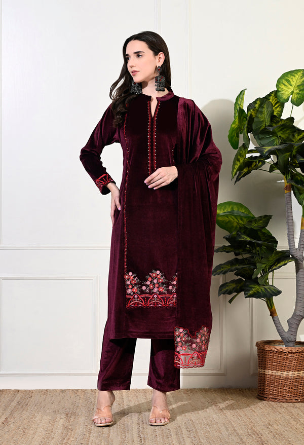 Wine Jacquard Velvet Pakistani Suit