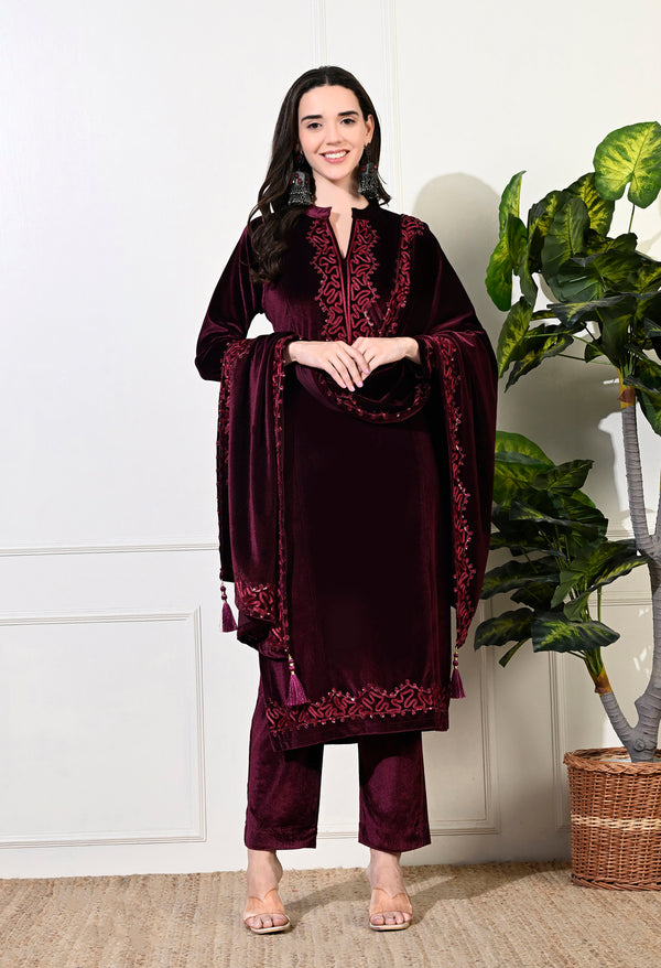 Stunning Wine Jacquard Velvet Pakistani Suit