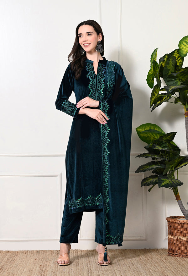 Elegant Teal Jacquard Velvet Pakistani Suit