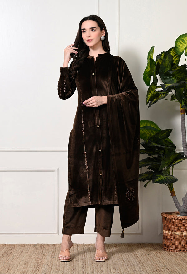 Elegant Brown Velvet Pakistani Suit