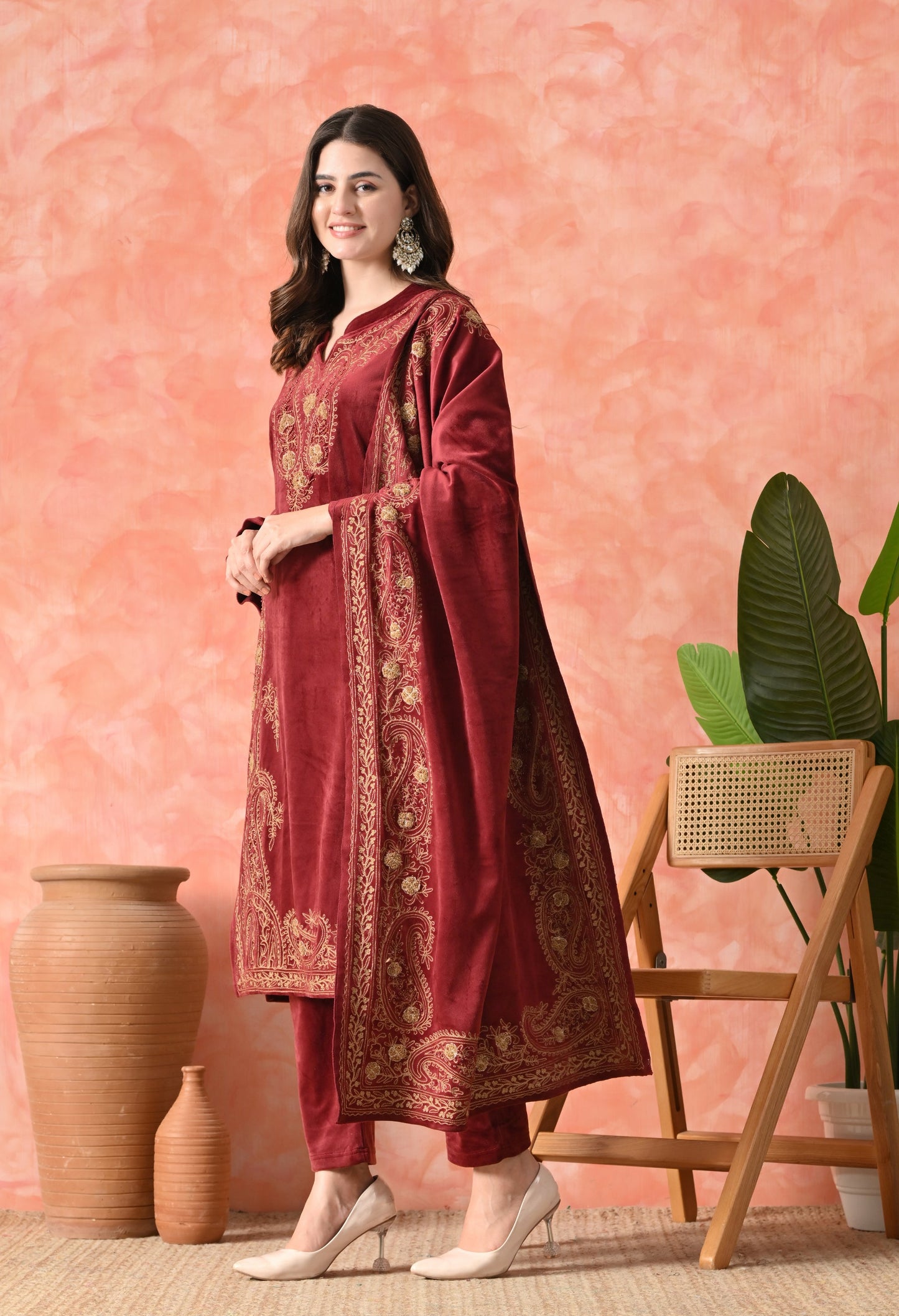 Elegant Off Red Velvet Charm Suit
