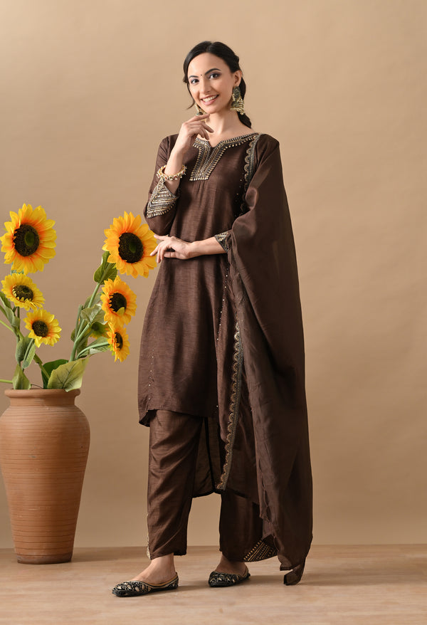 Brown Pearl Zari Silk Suit Set