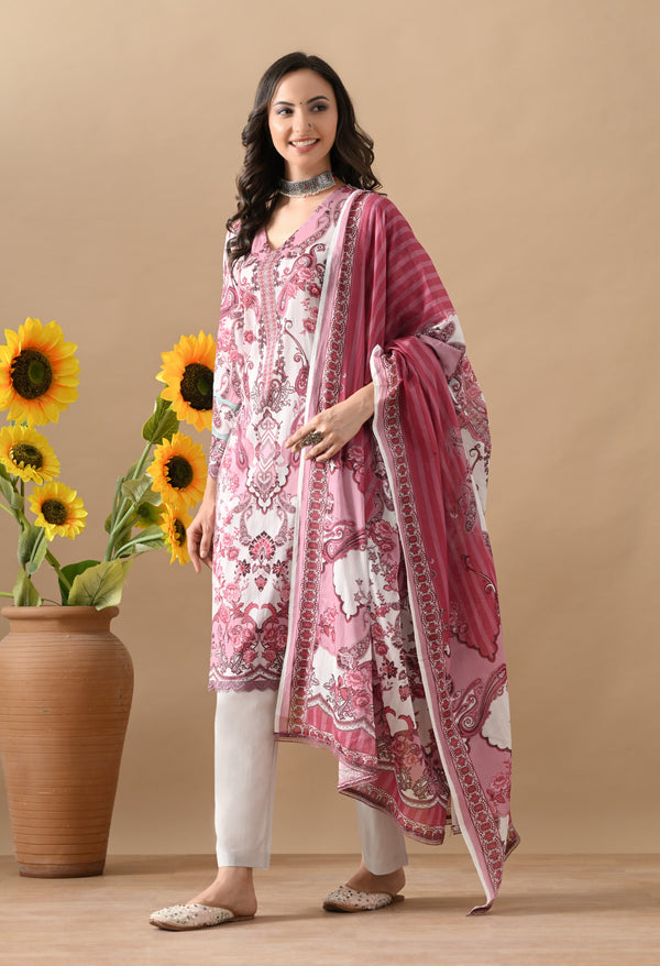 Red Printed Cotton Lace Suit