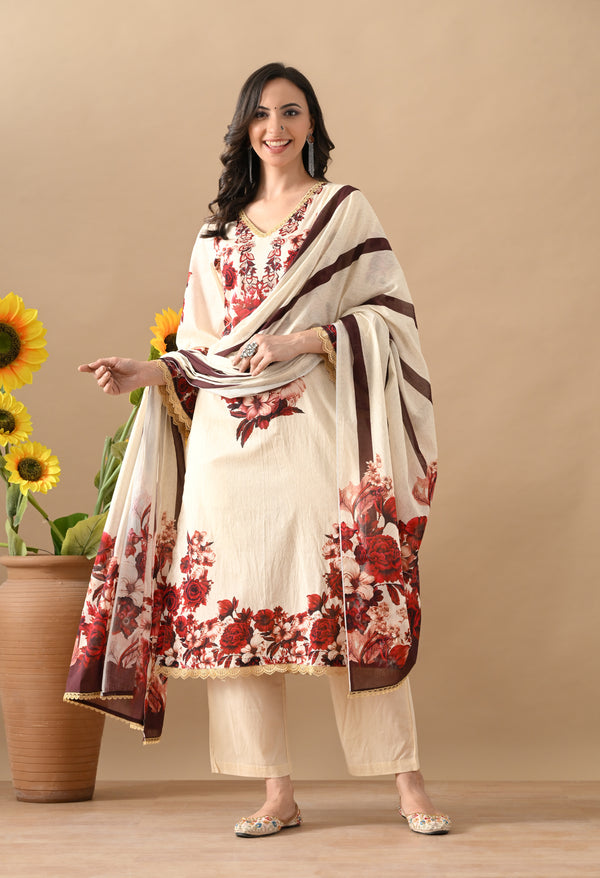 Cream Red Floral Cotton Charm For Woman