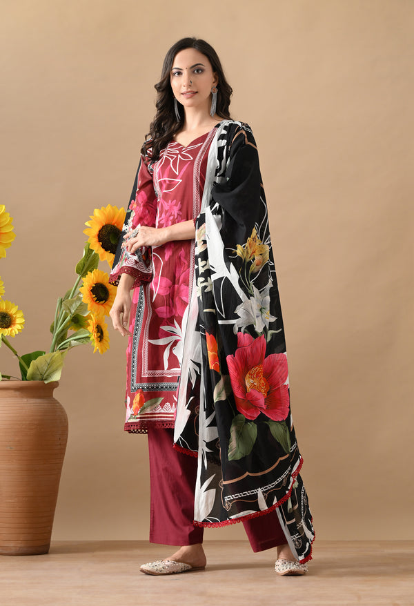 Elegant Maroon Printed Cotton Set for woman