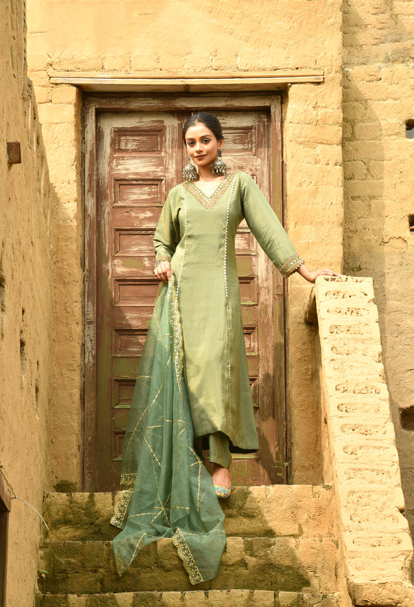 Elegant Green A-Line Silk Suit Set