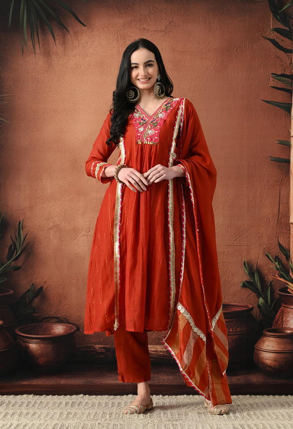 Rust Radiance A-Line Suit Set For Woman