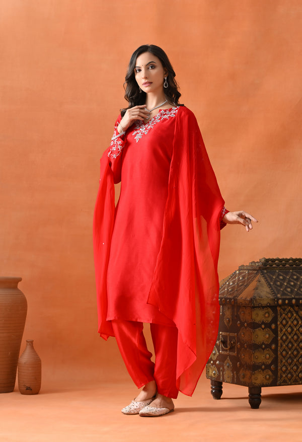 Radiant Red Pearl Silk Suit