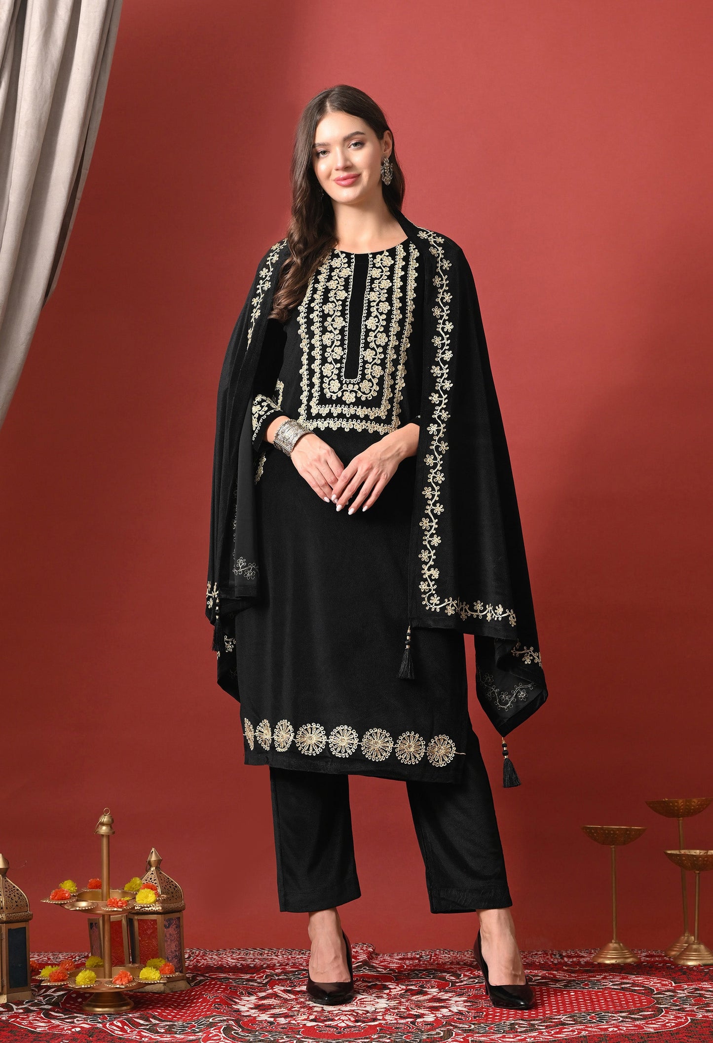 Noir Elegance Gold-Embroidered Velvet Suit