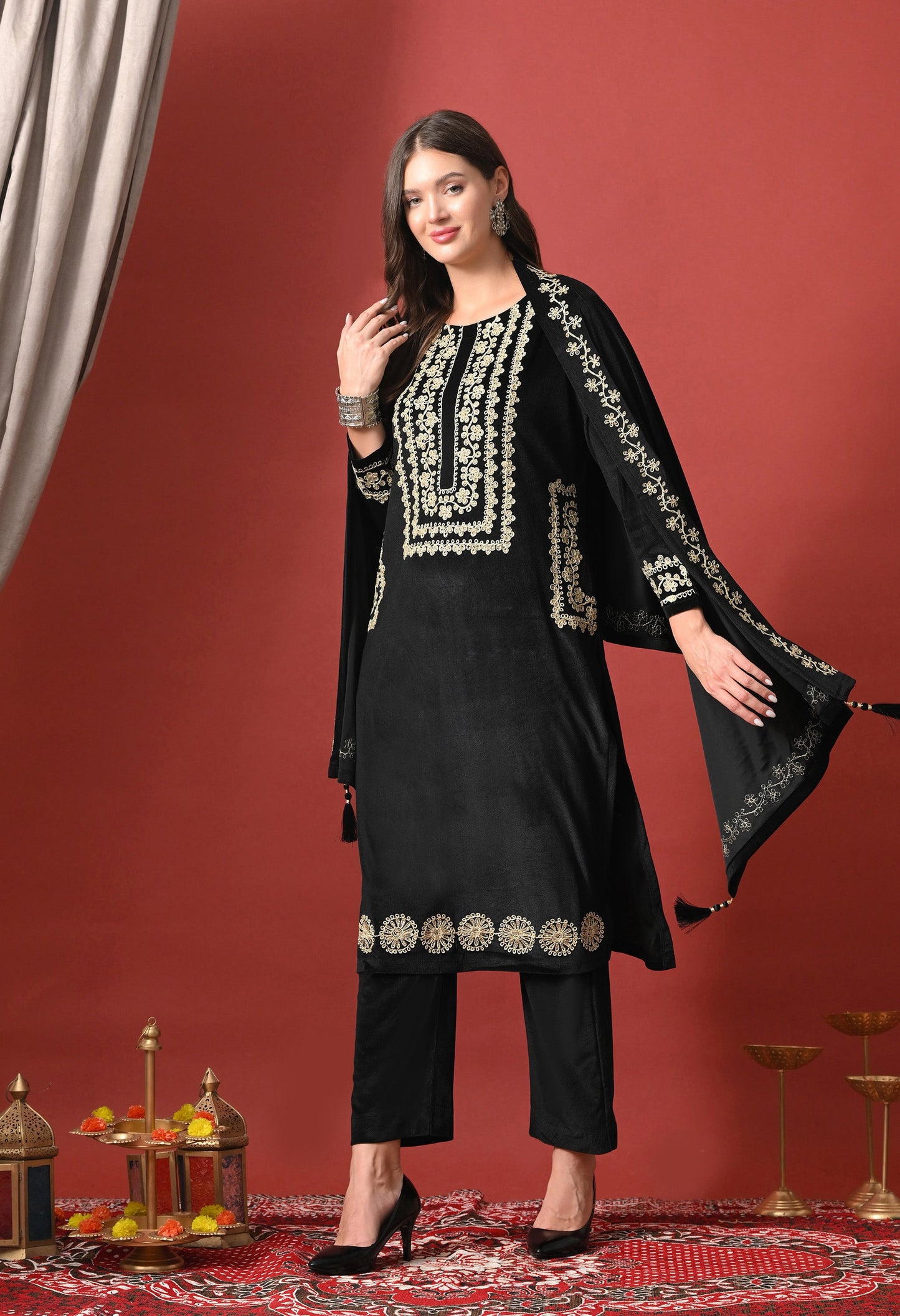 Noir Elegance Gold-Embroidered Velvet Suit