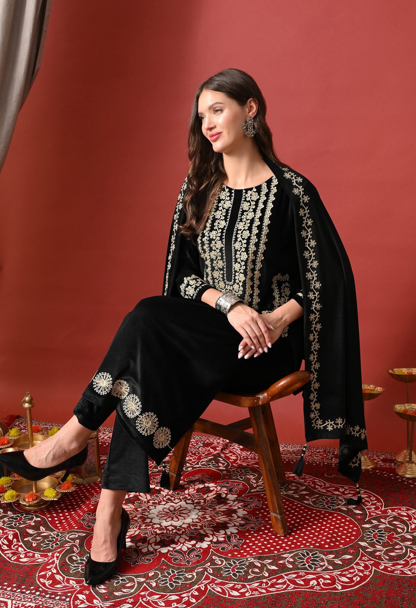 Noir Elegance Gold-Embroidered Velvet Suit