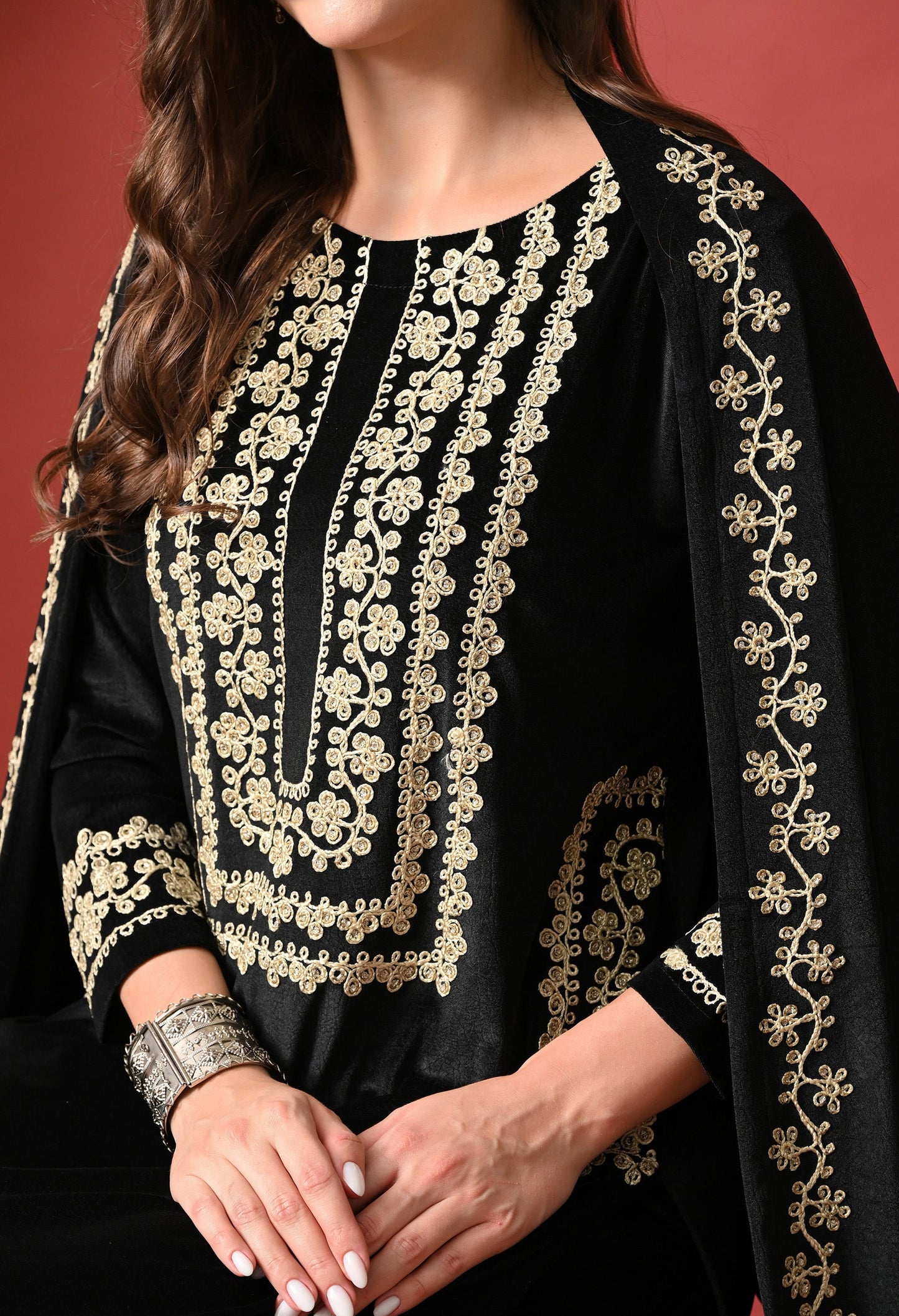 Noir Elegance Gold-Embroidered Velvet Suit