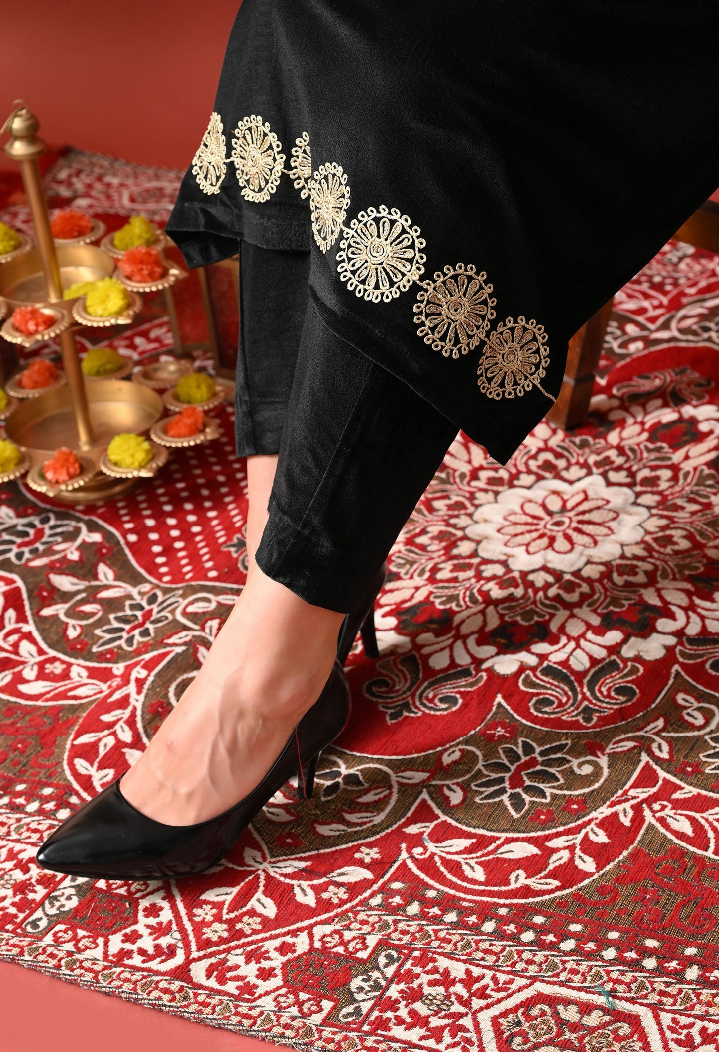 Noir Elegance Gold-Embroidered Velvet Suit