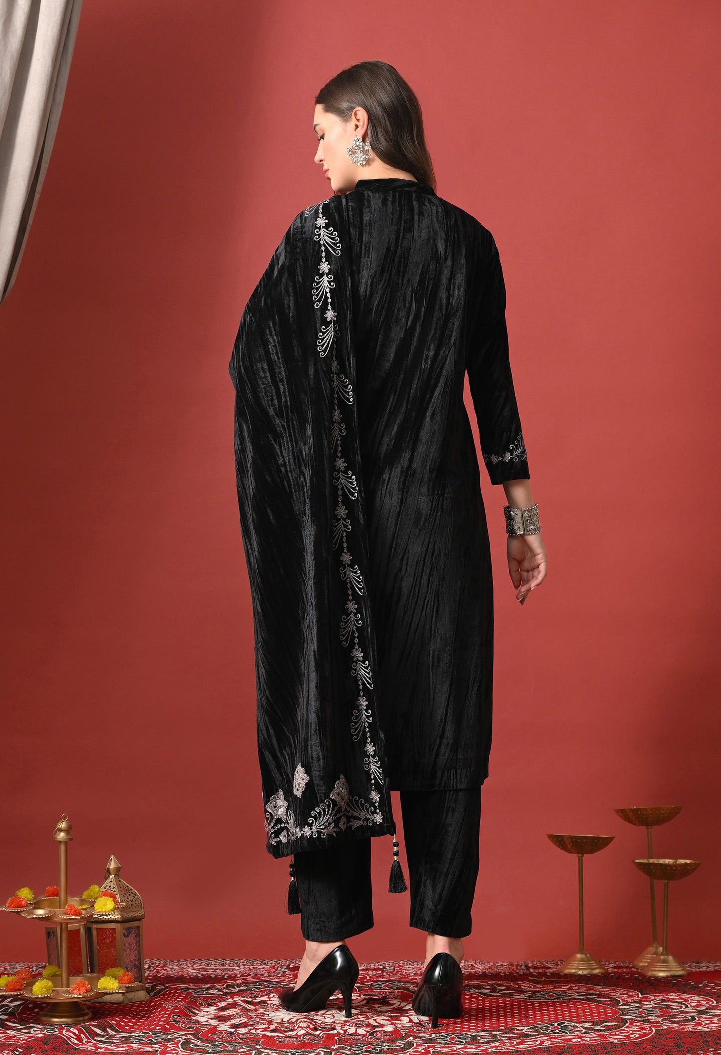 Black Velvet Radiance Mirror-Embroidered Suit