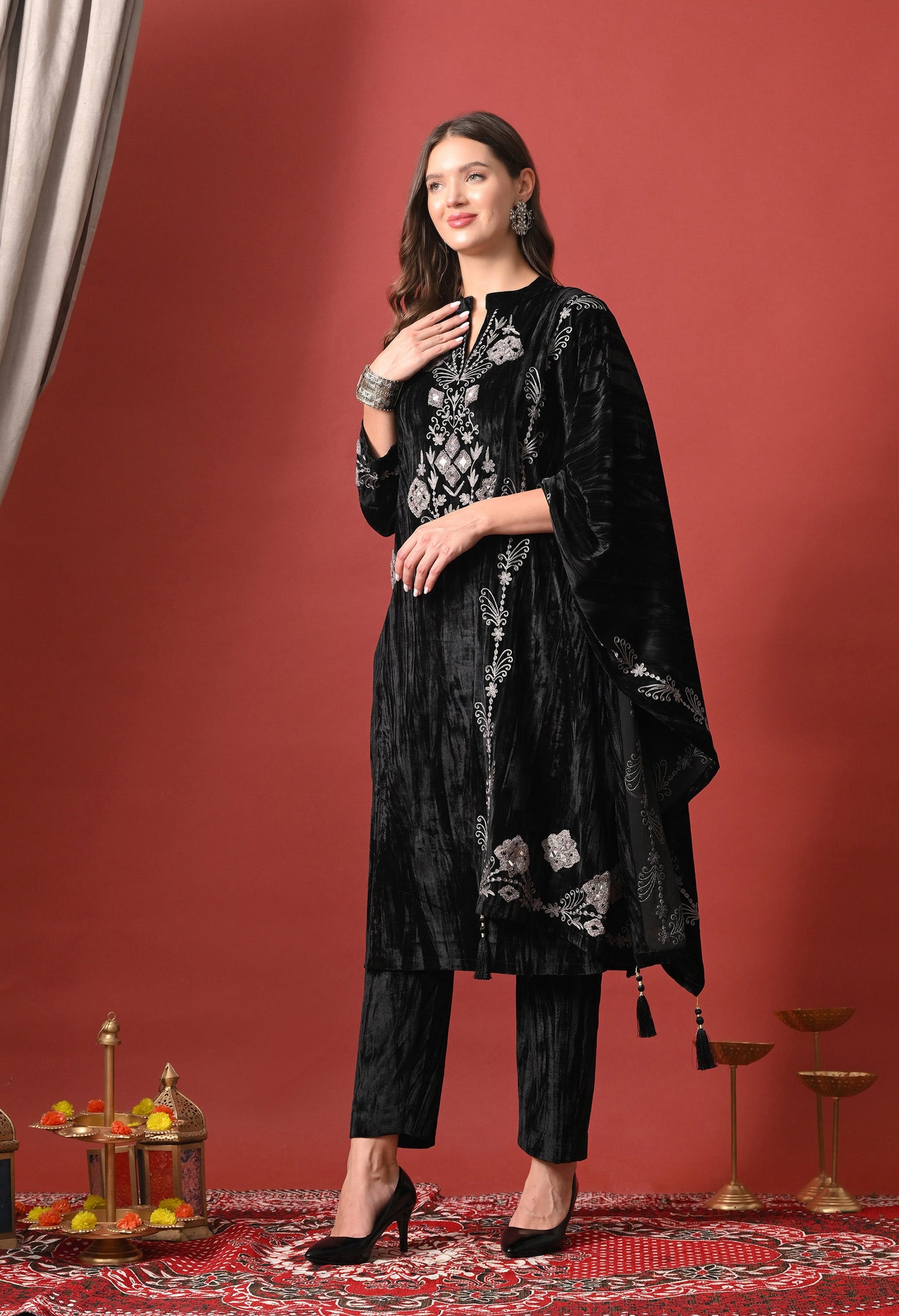 Black Velvet Radiance Mirror-Embroidered Suit