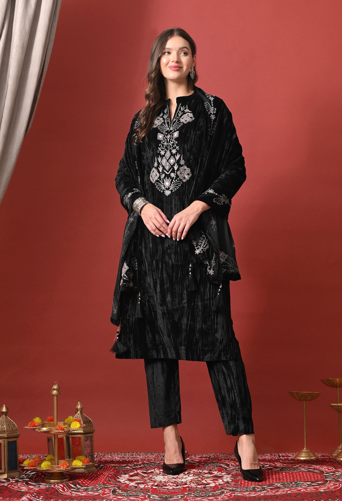 Black Velvet Radiance Mirror-Embroidered Suit