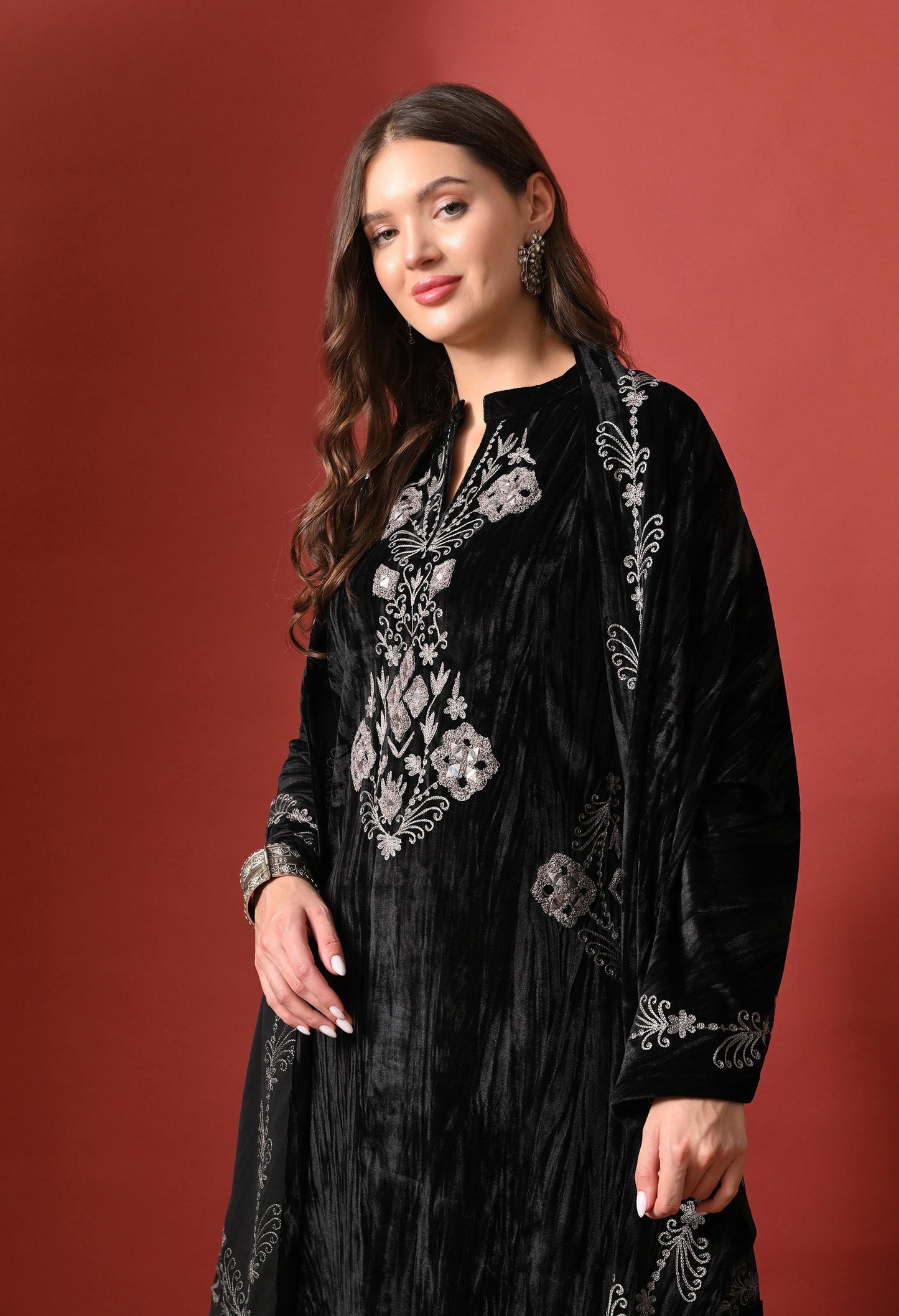 Black Velvet Radiance Mirror-Embroidered Suit