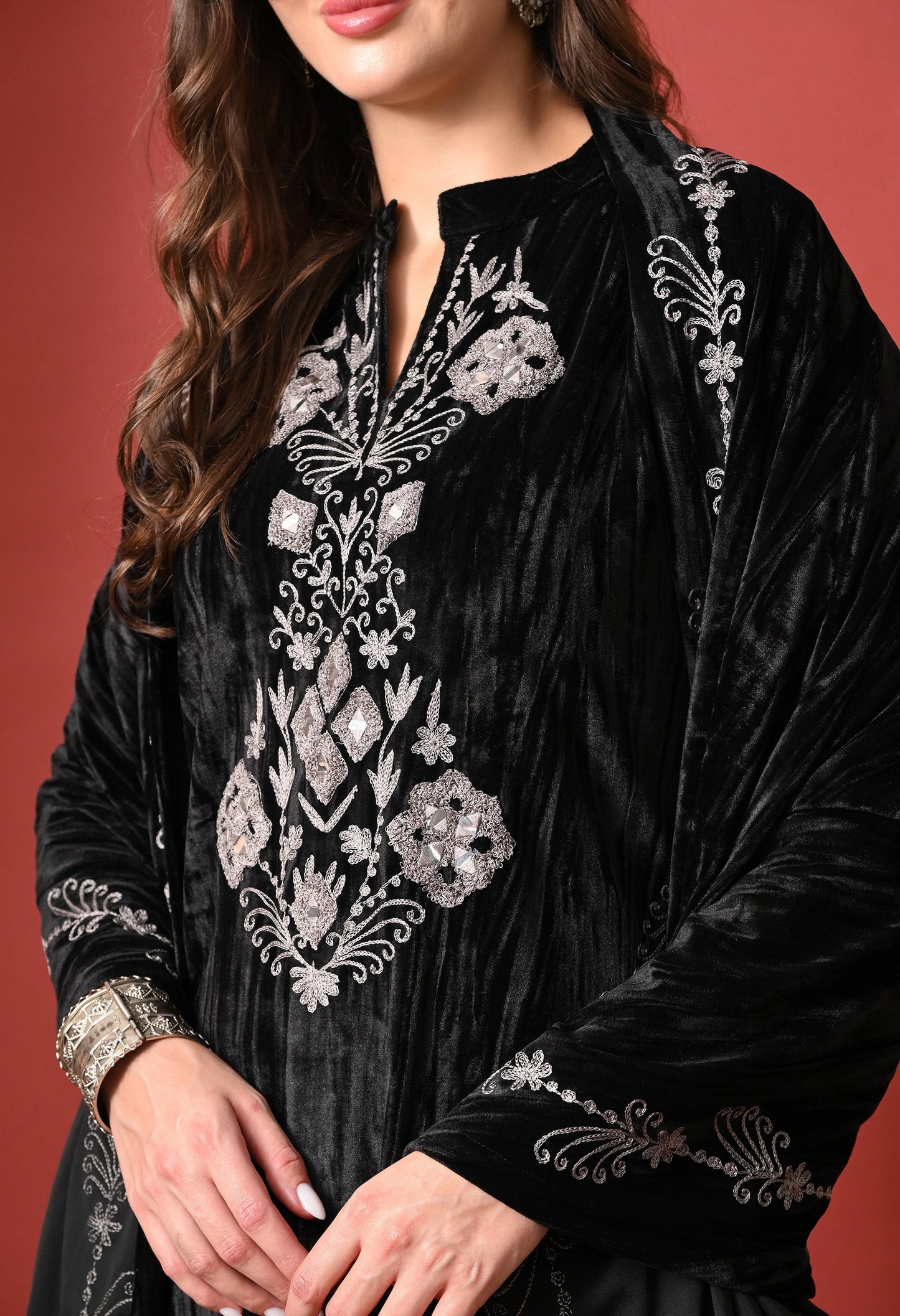 Black Velvet Radiance Mirror-Embroidered Suit
