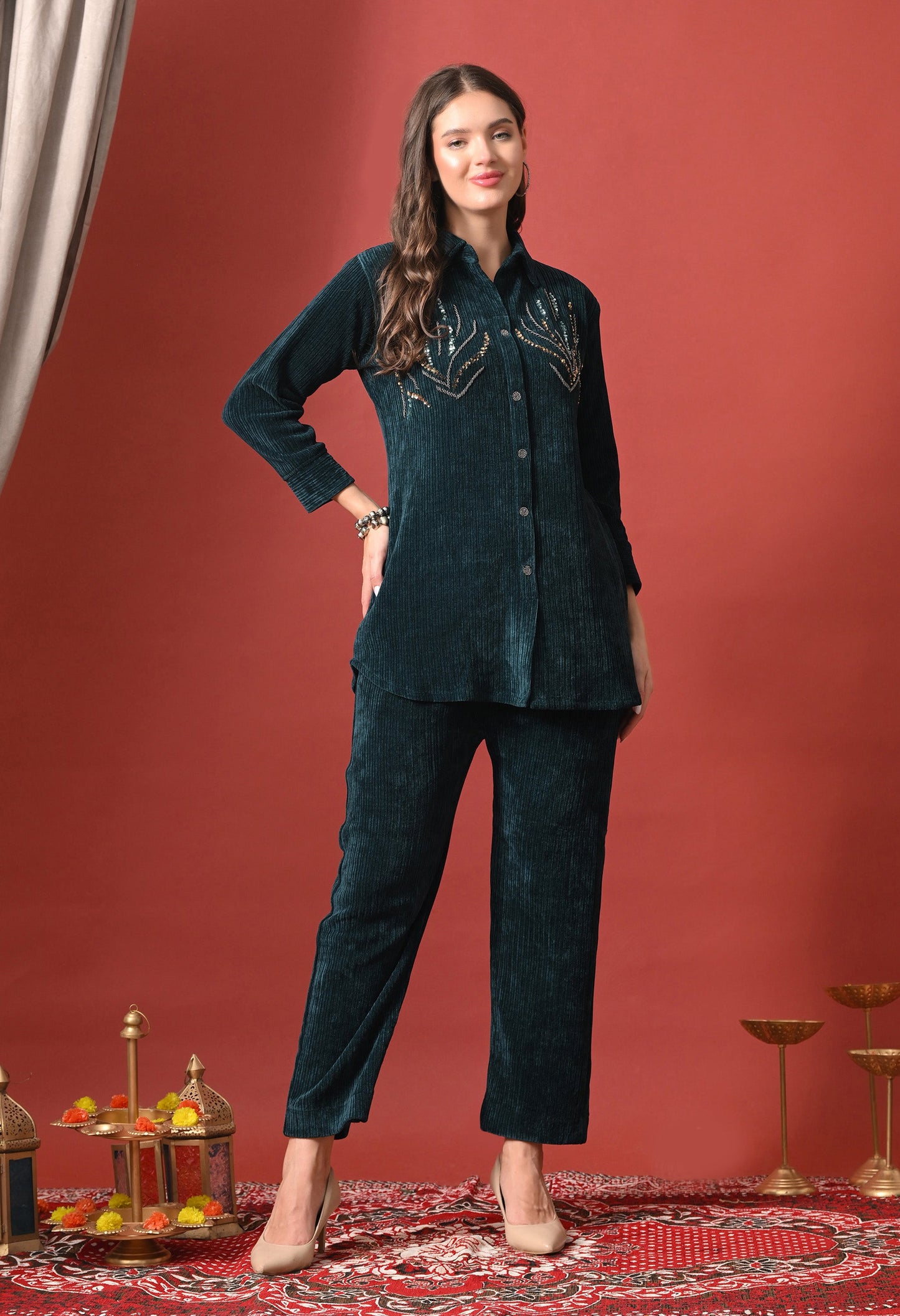 Emerald Whisper Embellished Velvet Co-Ord Set