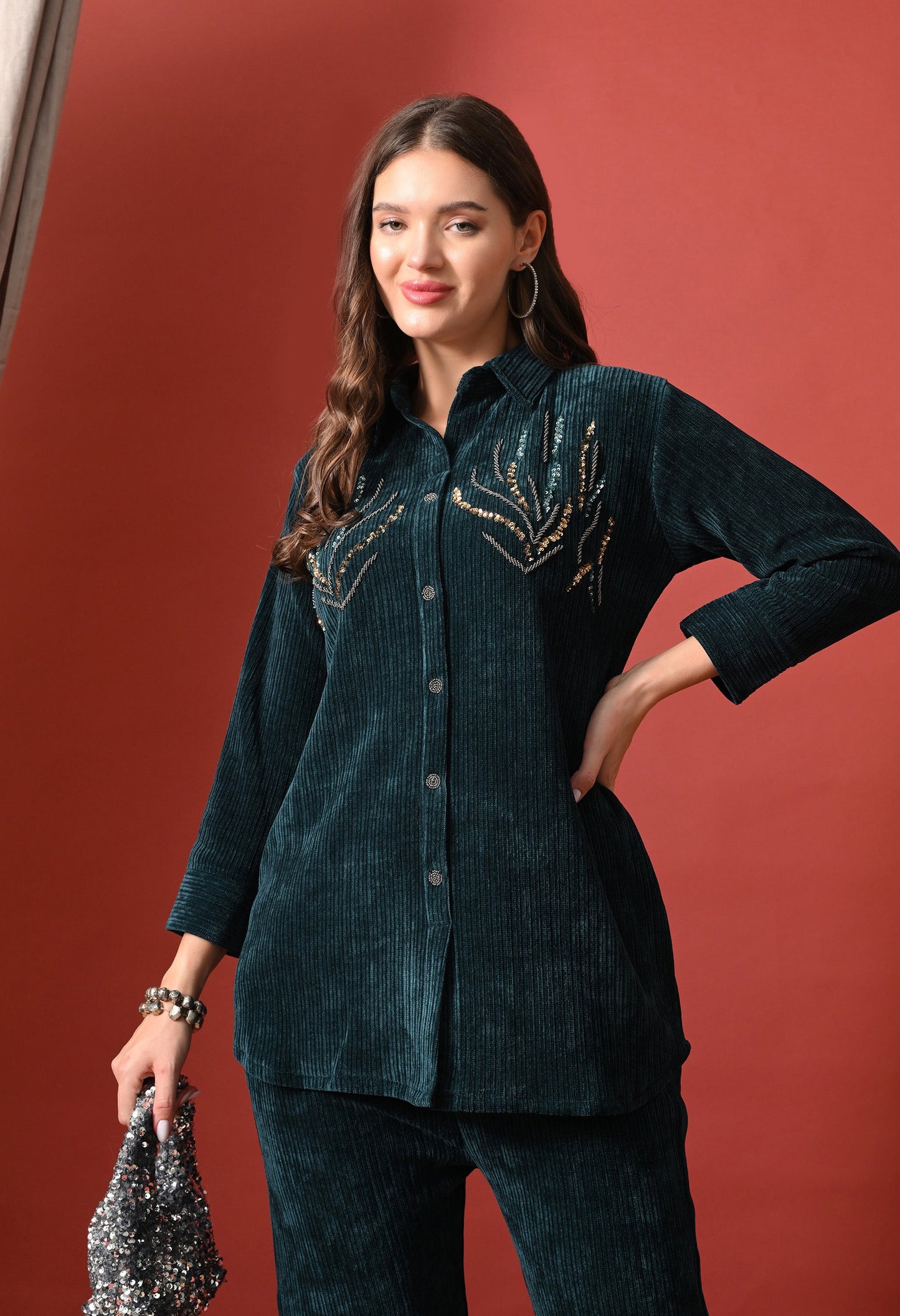 Emerald Whisper Embellished Velvet Co-Ord Set
