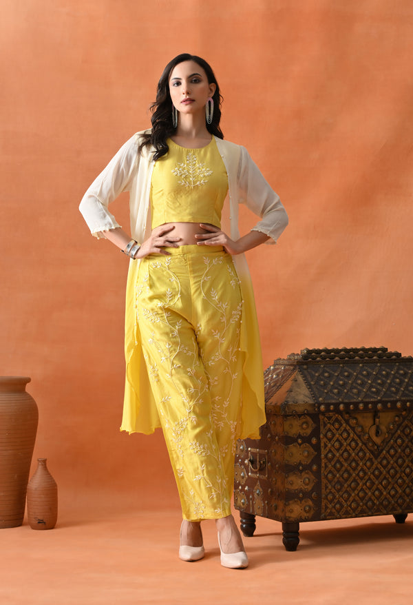 Yellow Pearl Embellished Dress Set For Woman
