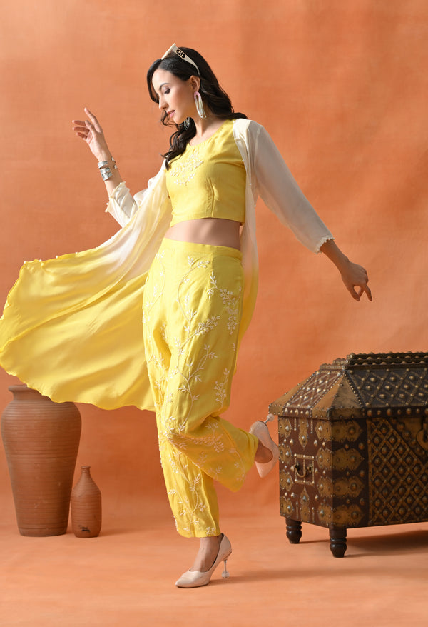 Yellow Pearl Embellished Dress Set For Woman