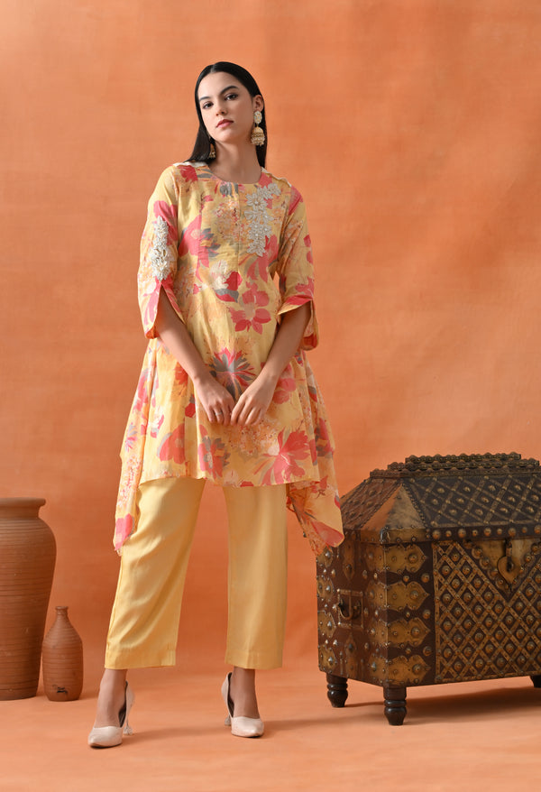 Yellow Floral Mirror Work Co-ord