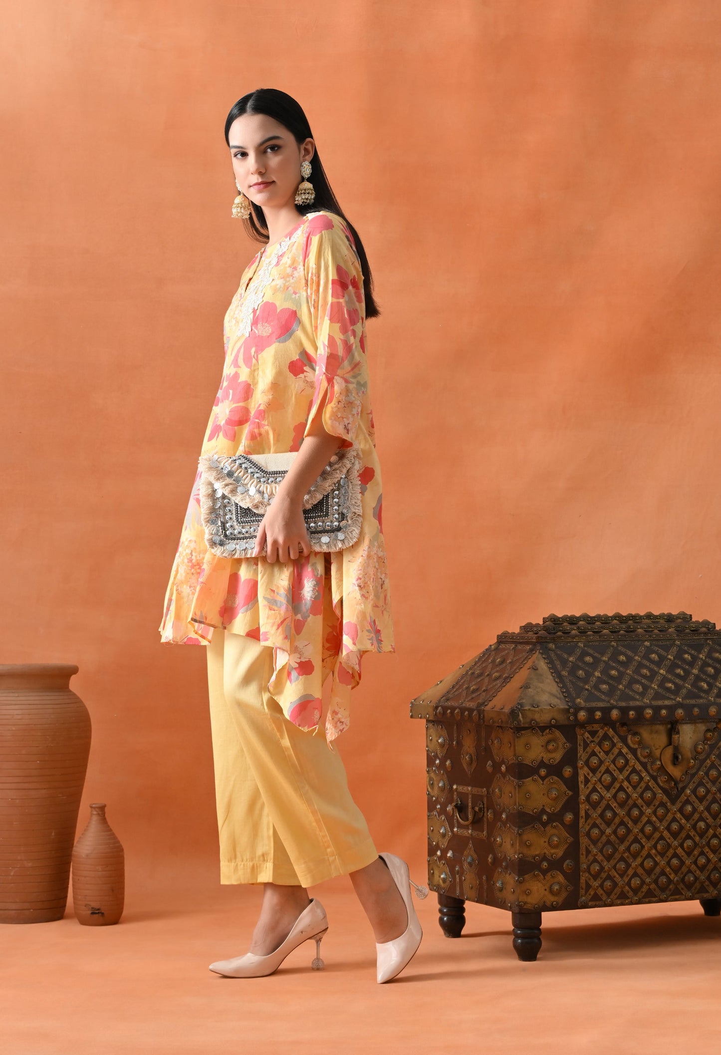 Yellow Floral Mirror Work Co-ord