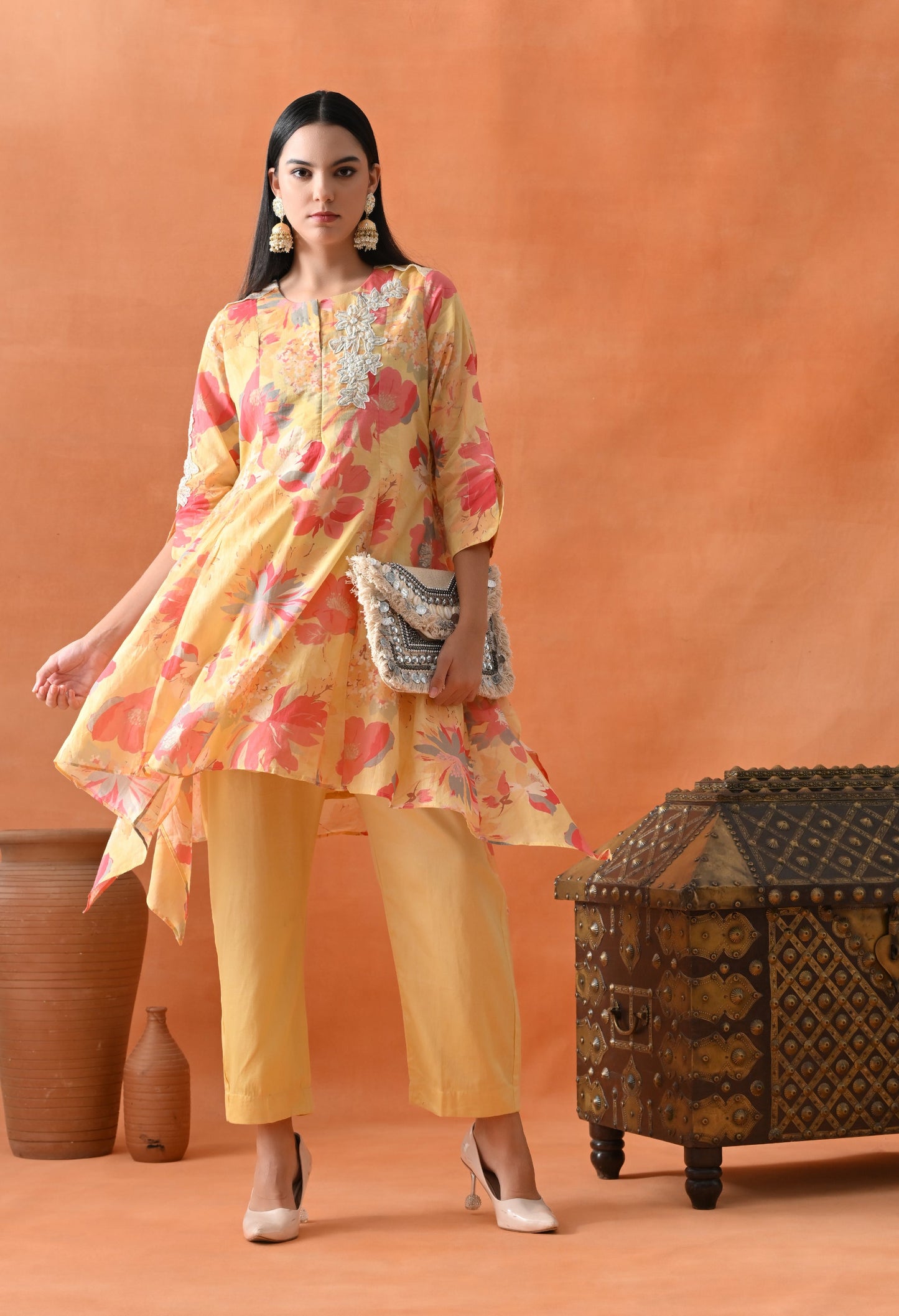 Yellow Floral Mirror Work Co-ord