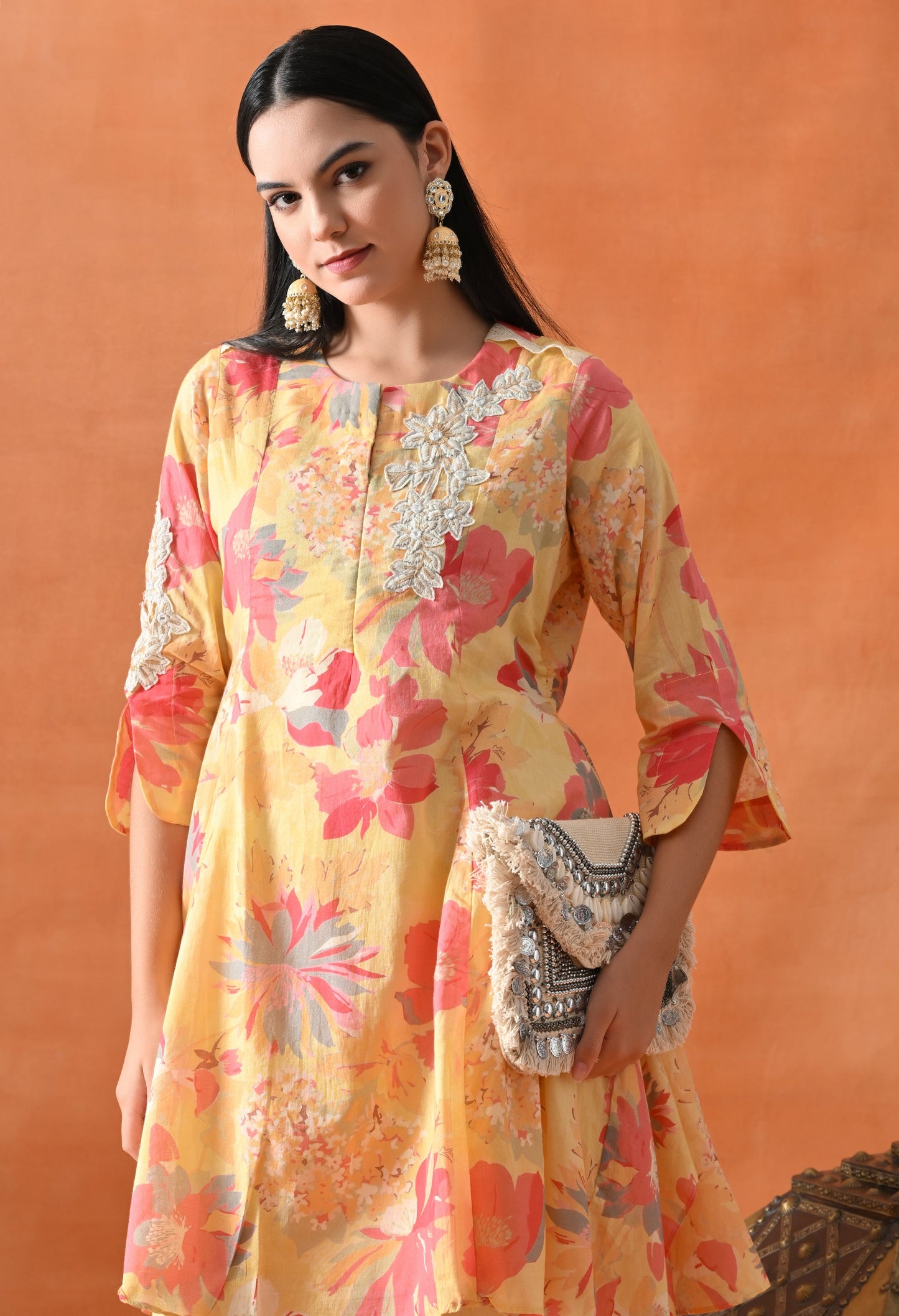 Yellow Floral Mirror Work Co-ord