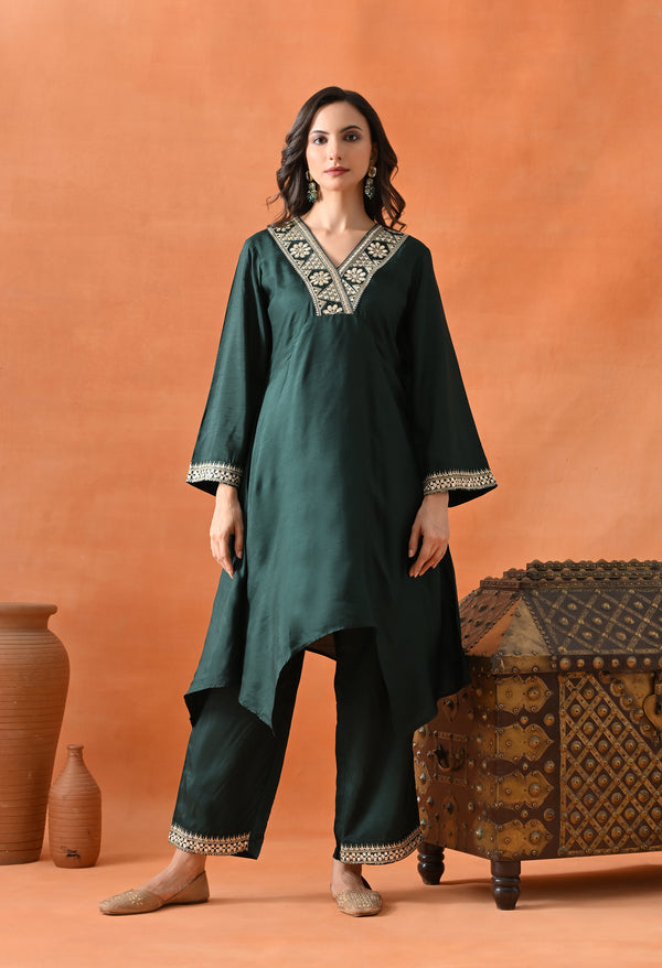 Dark Green Silk Co-ord Set For Woman