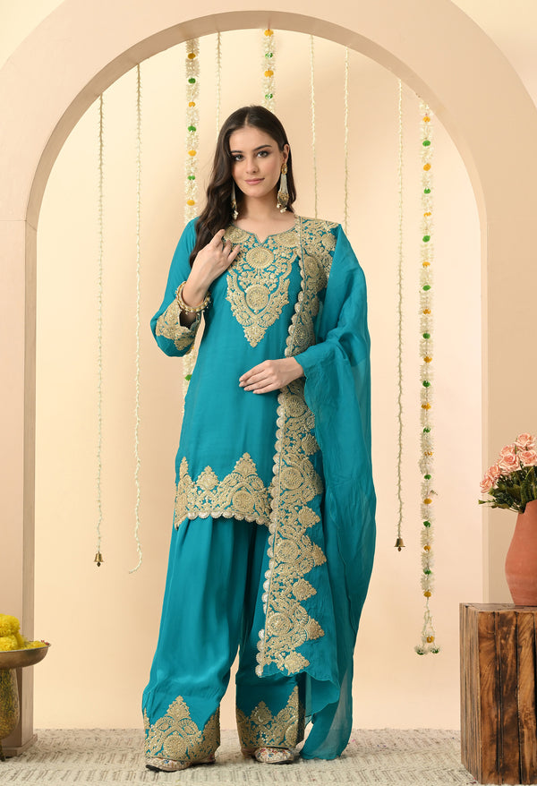Dark Firozi Zari Elegance Kurti