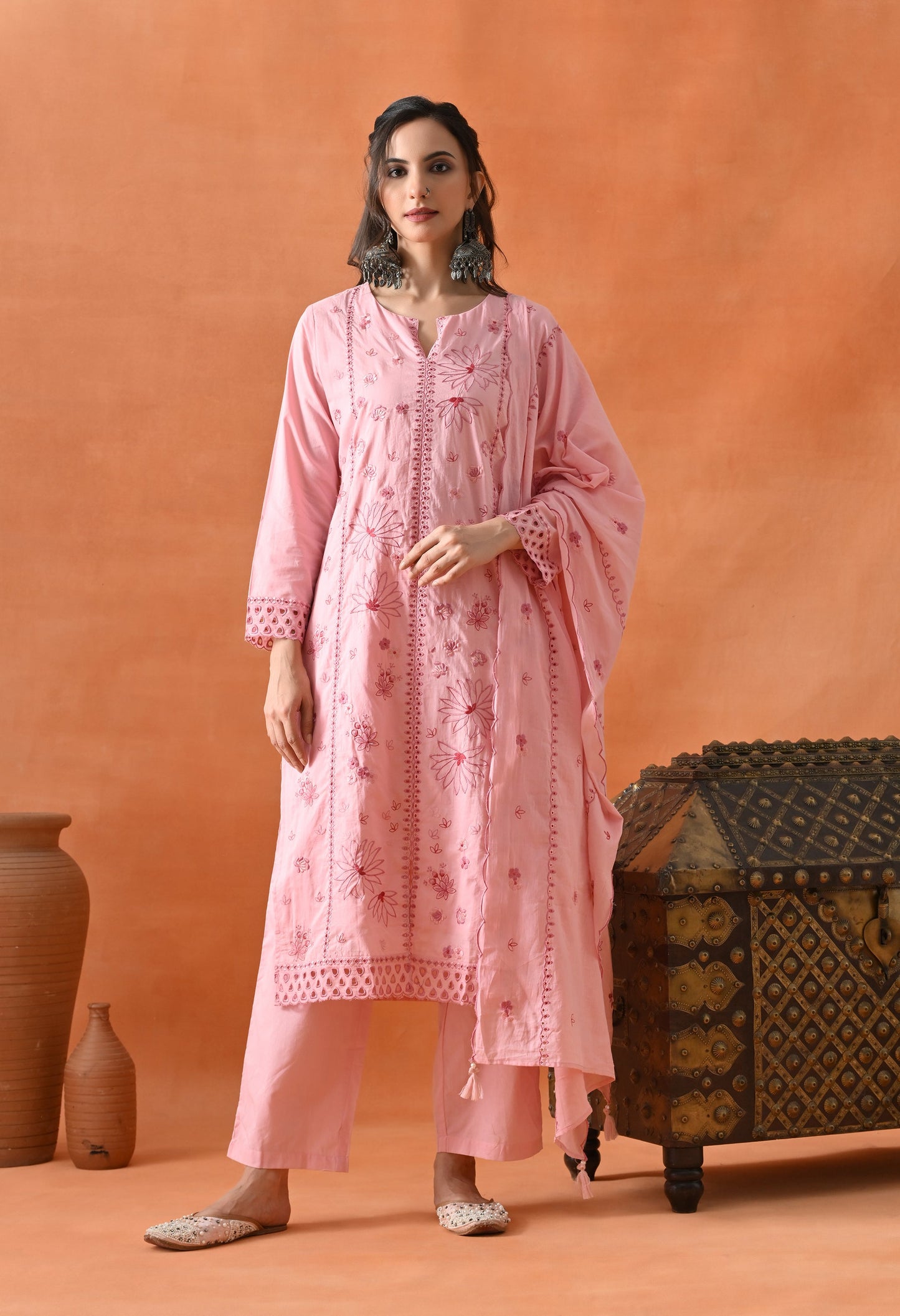 Pink Thread Work Palazzo Suit
