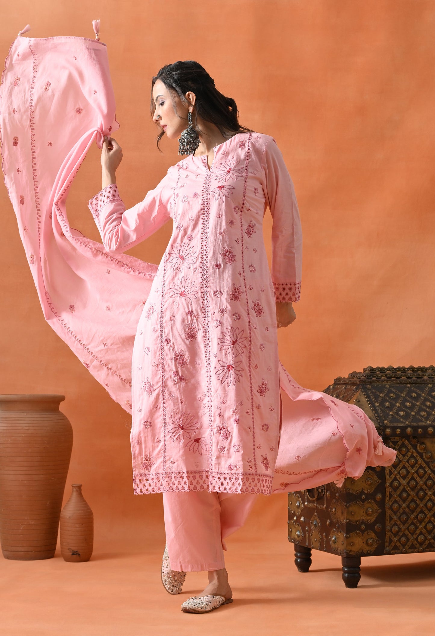 Pink Thread Work Palazzo Suit
