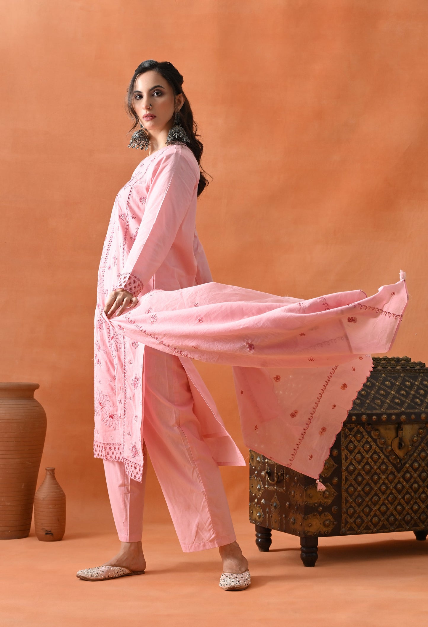 Pink Thread Work Palazzo Suit