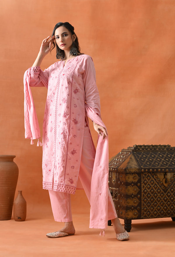 Pink Thread Work Palazzo Suit