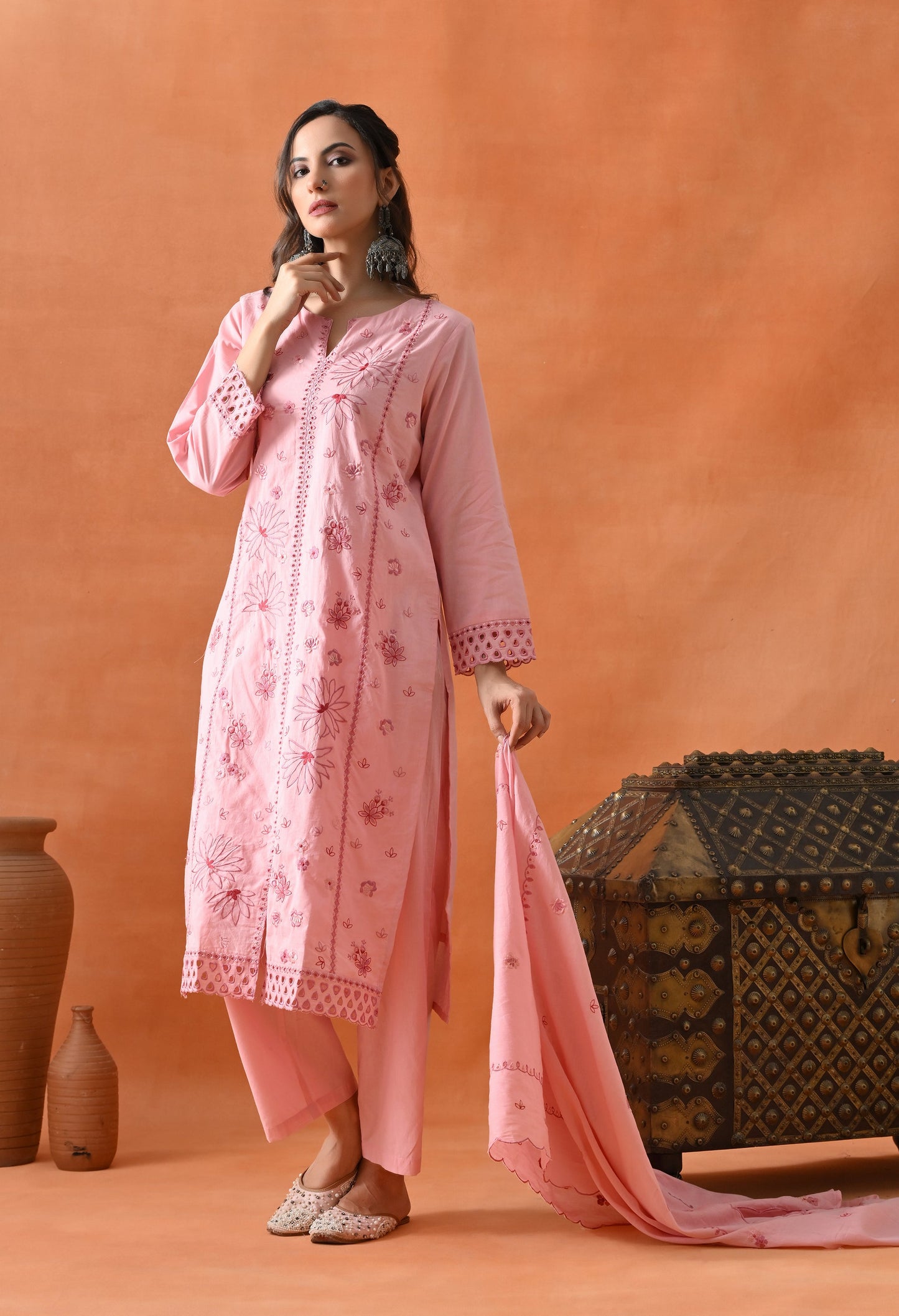 Pink Thread Work Palazzo Suit