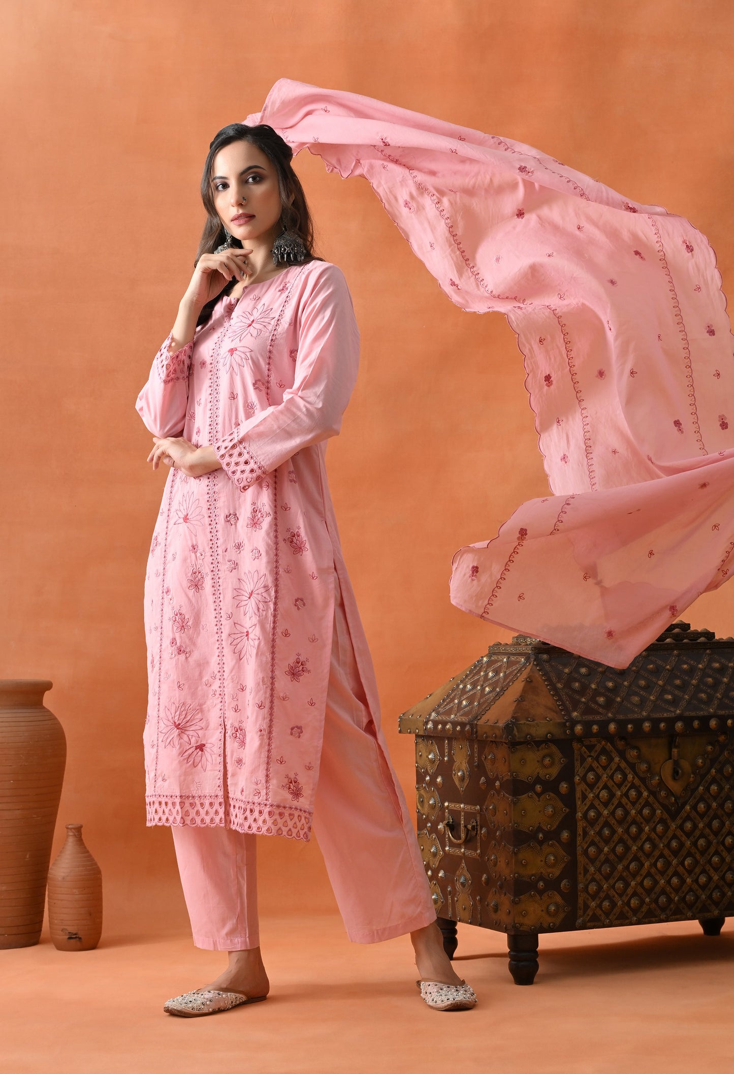 Pink Thread Work Palazzo Suit