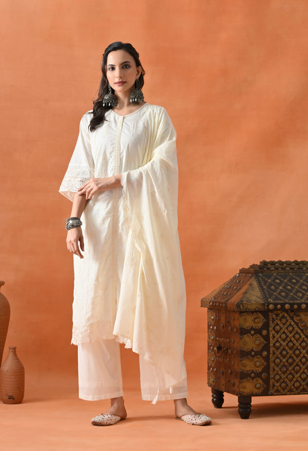 Cream Thread Work Palazzo Suit