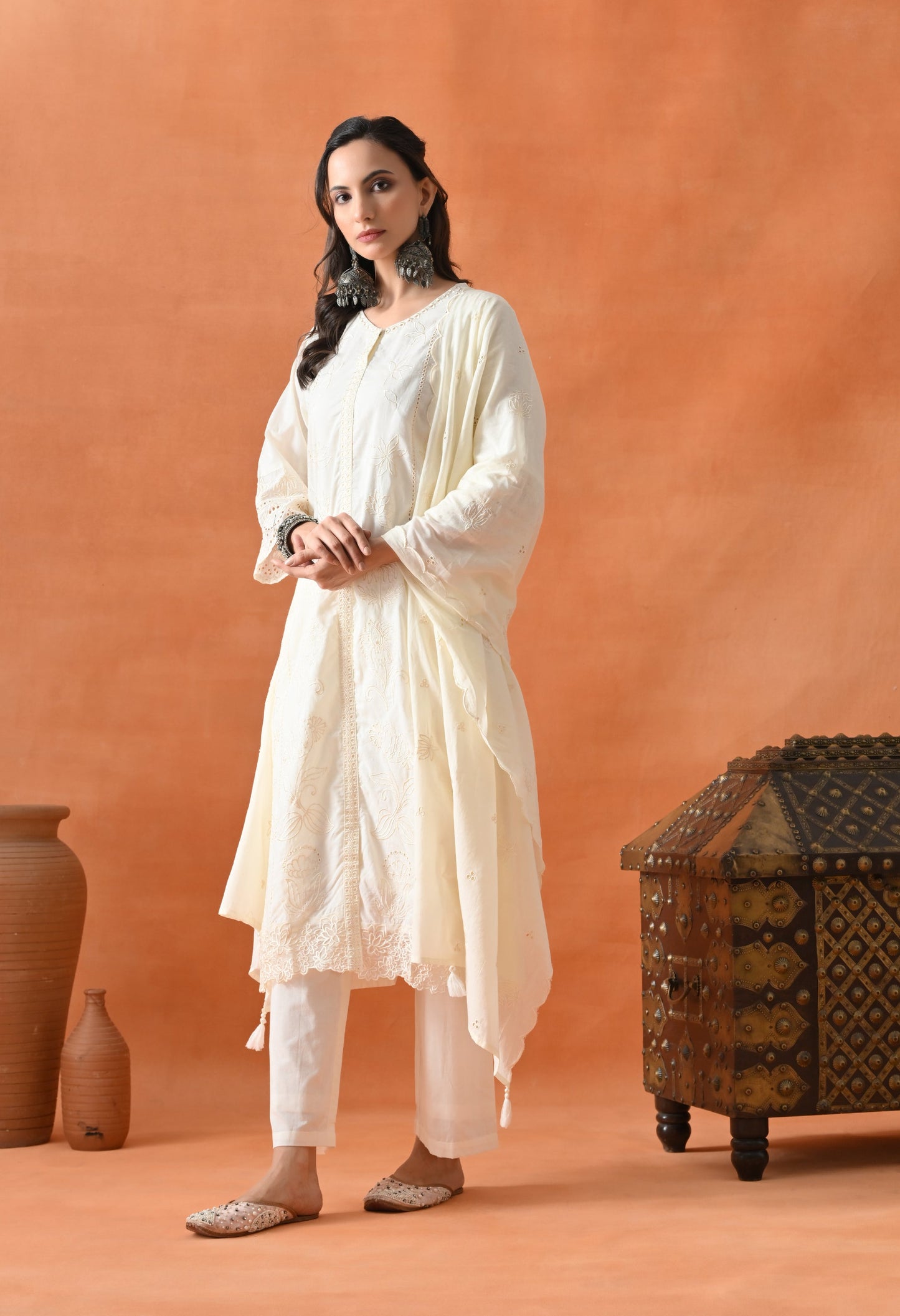 Cream Thread Work Palazzo Suit